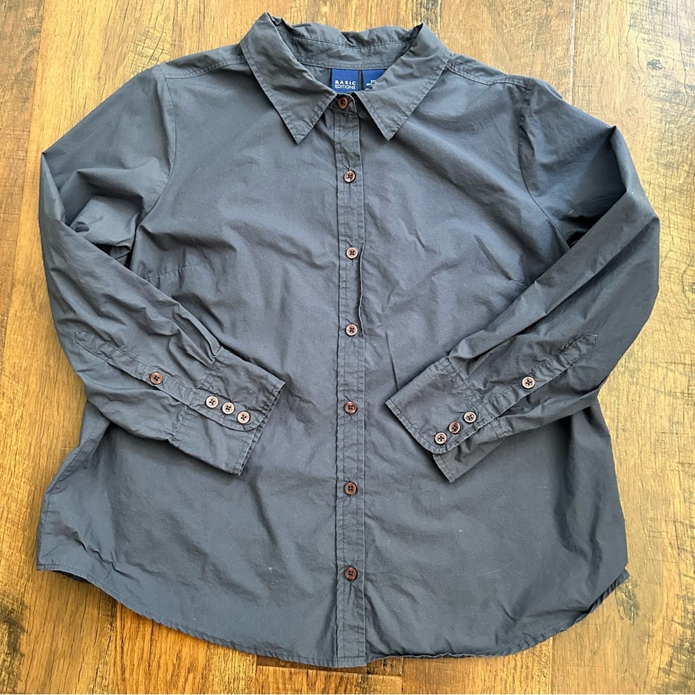 Basic Editions Heathered Blue Button Down Top, Pl… - image 1